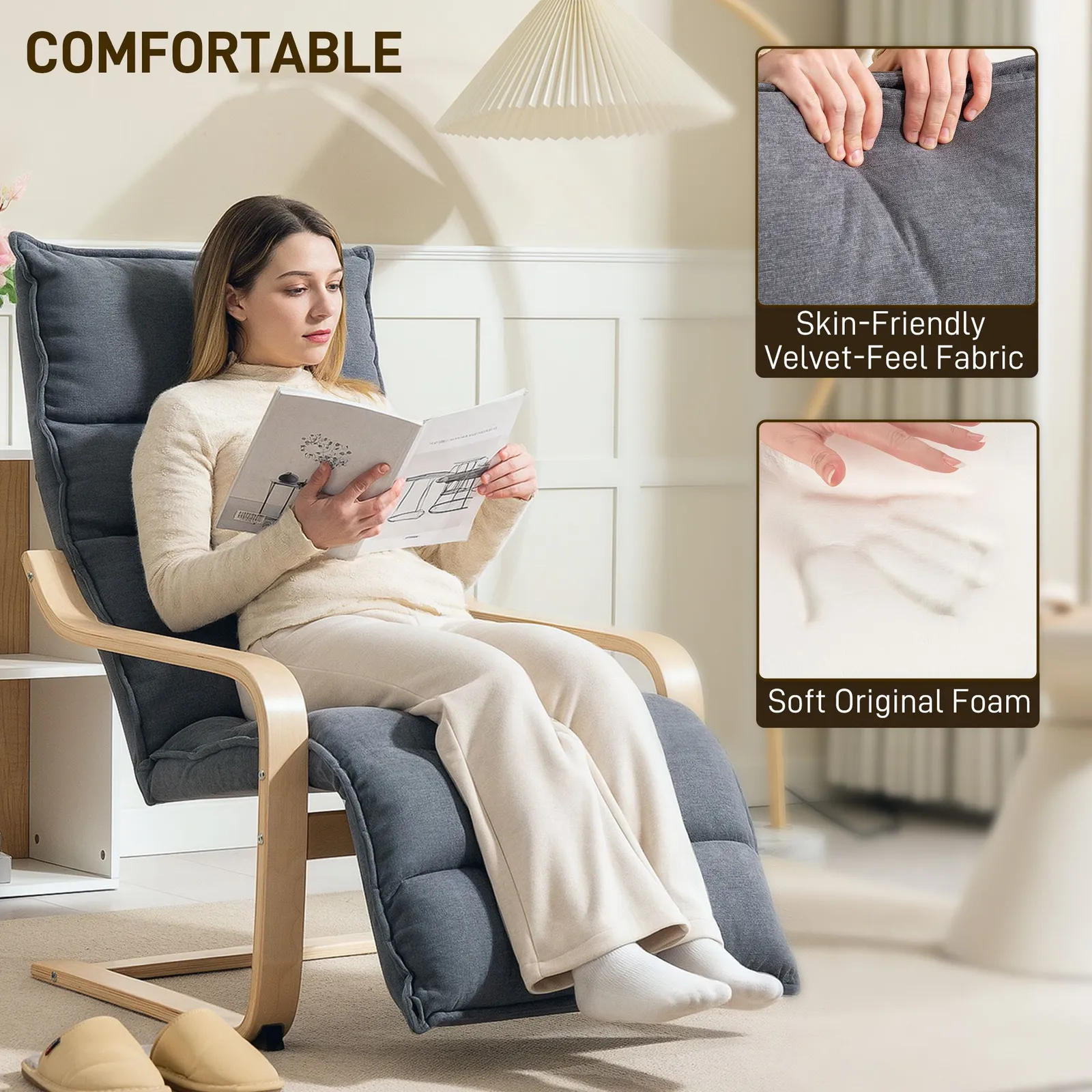 HOMCOM Birch Wood Lounge Chair for Living Room, Bedroom in Dark Grey 4