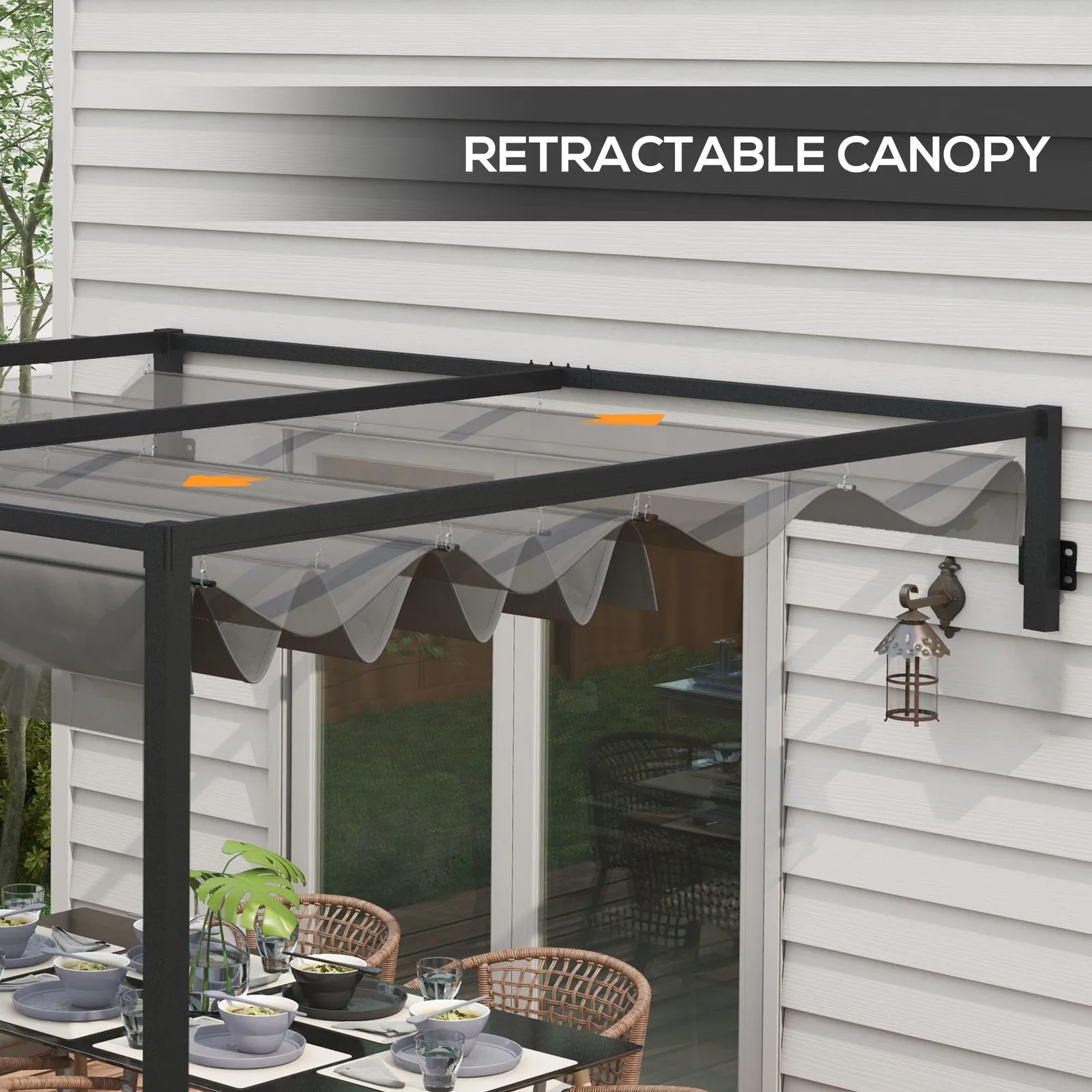OUTSUNNY Wall Mounted Pergola with Retractable Sun Shade Canopy in Dark Grey 6