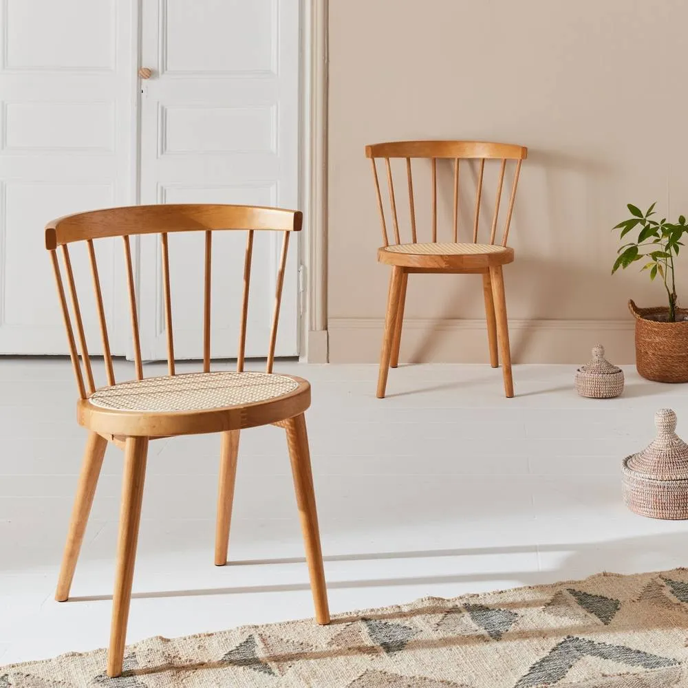 sweeek Pair Of Wood & Cane Dining Chairs in Light Brown 6