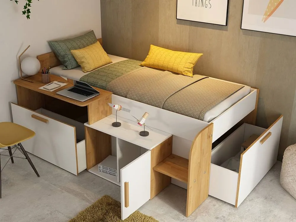 Vente-unique Combination Bed 90 X 200 Cm With Desk & Storage - Colours: White and in Light Oak 4