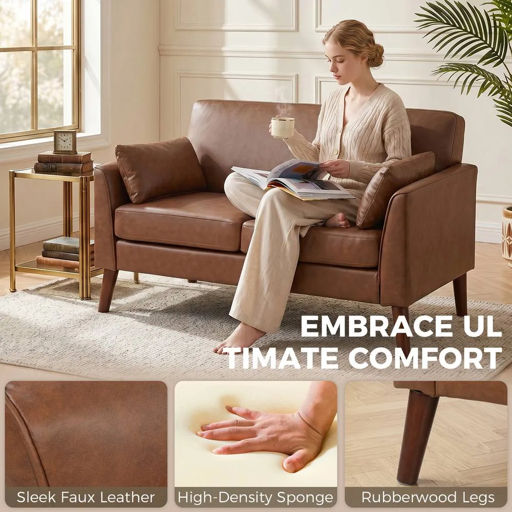 HOMCOM 2 Seater Sofa, 132 cm Modern Small Sofa with Solid Wood Legs, Brown 4