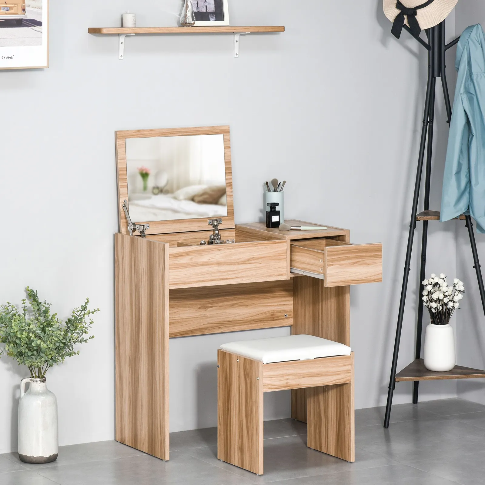 HOMCOM Dressing Table Set Cushioned Stool Flip-up Mirror Drawer Chipboard in Natural 4