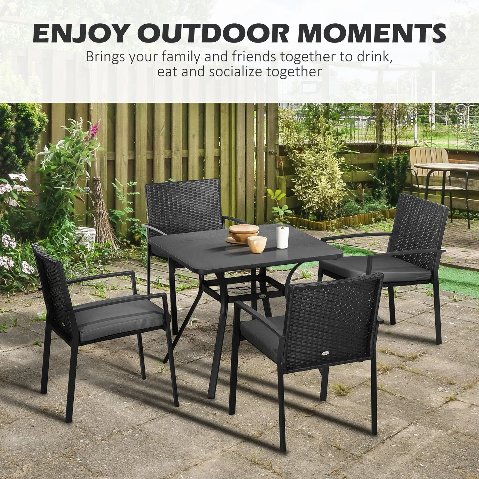 OUTSUNNY 4 Seater Rattan Garden Furniture Set, 5 Pieces Outdoor Dining Set with Cushions in Black 4