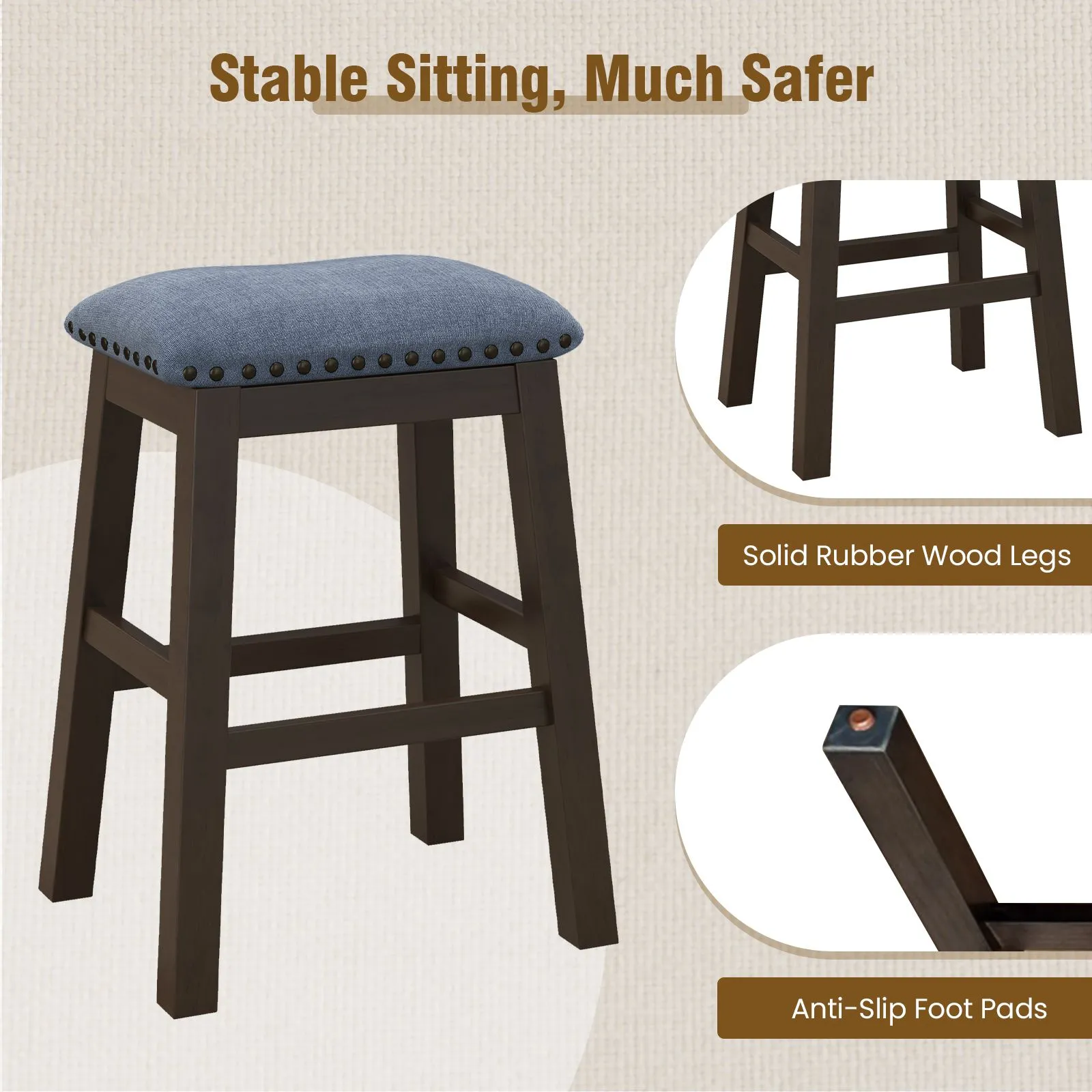 Costway 2-Piece Padded Bar Stool Set 62cm Rivet-Tufted Kitchen Island Stools in Brown 5