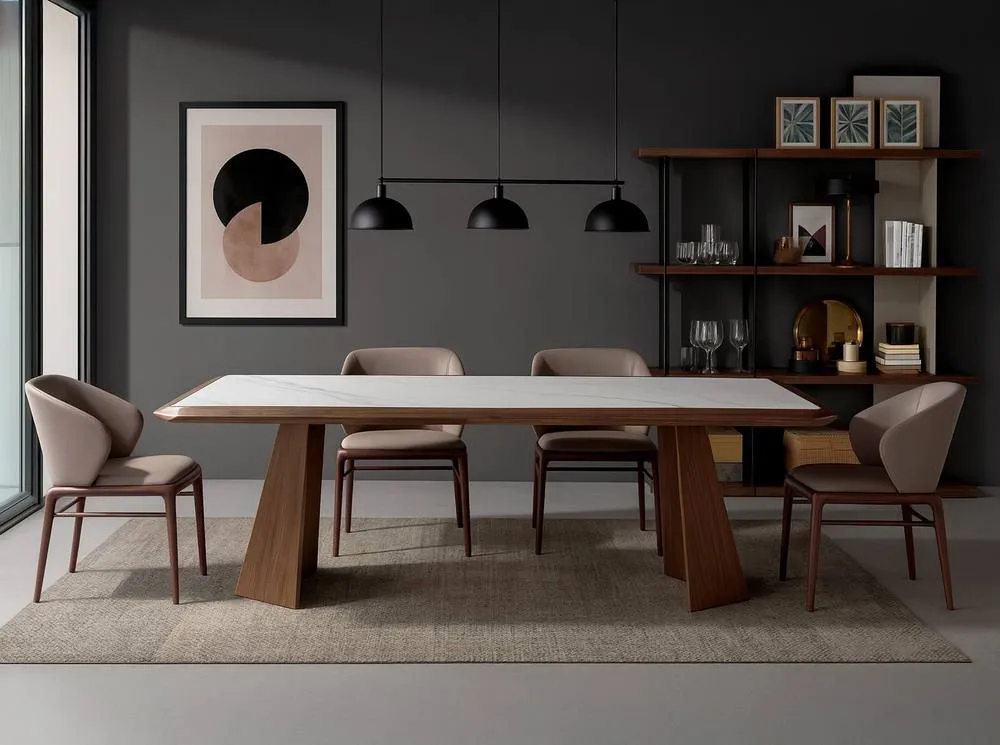 Angel Cerda Rectangular Porcelain Marble Dining Table, Walnut Legs, 220 x 110 cm 6