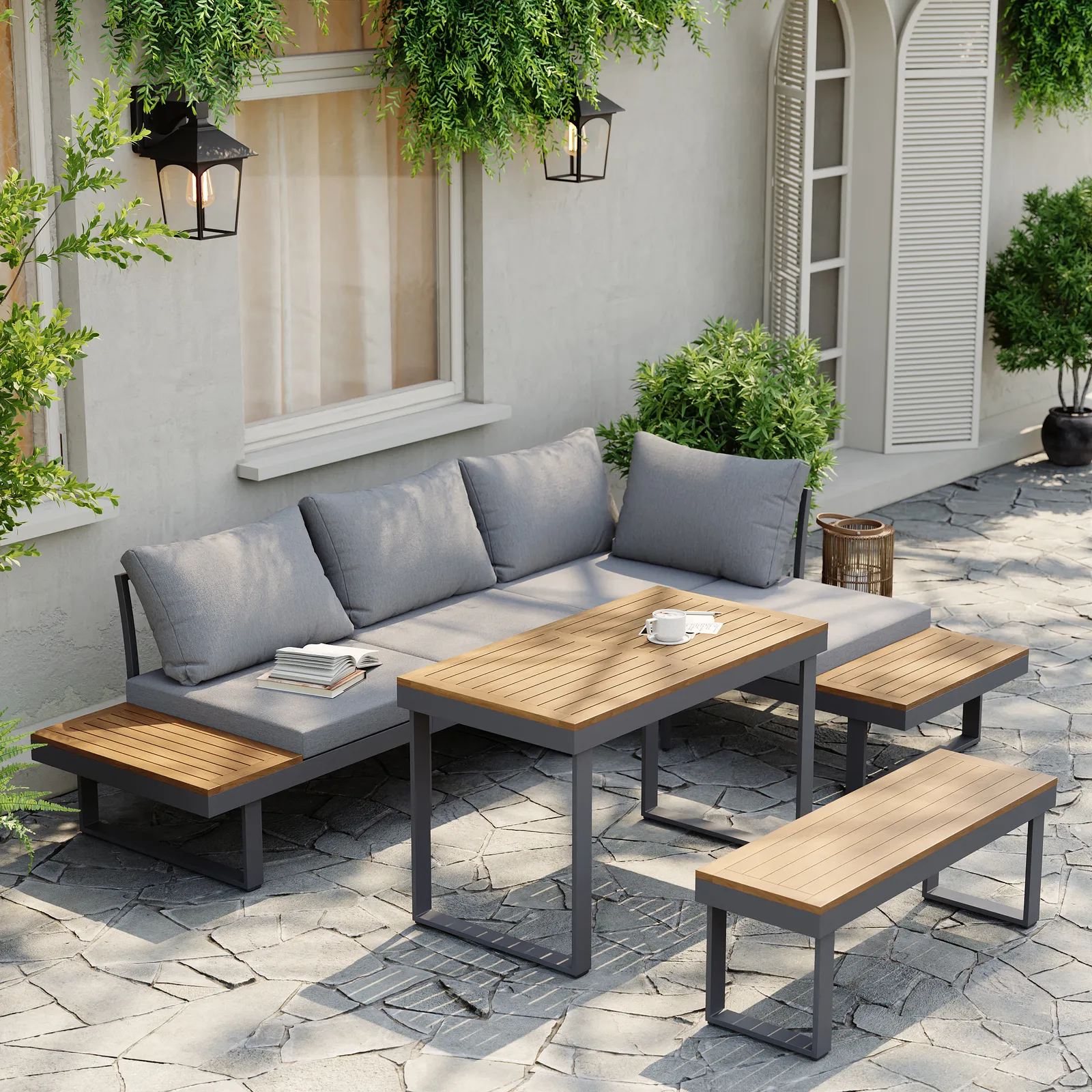 4 PCS Modular Outdoor  Acacia Sectional Sofa Set with Cushion and Side Table, 4 PCS Versatile L-Shaped Modular Sectional Sofa Set for Patio&Yard