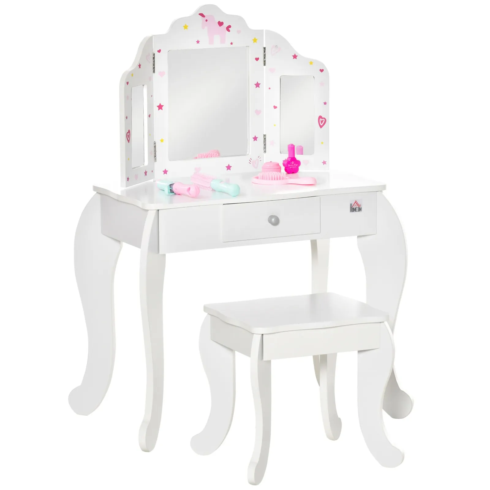 HOMCOM Makeup Dressing Table Set with Tri-Folding Mirror & Drawer in White 2