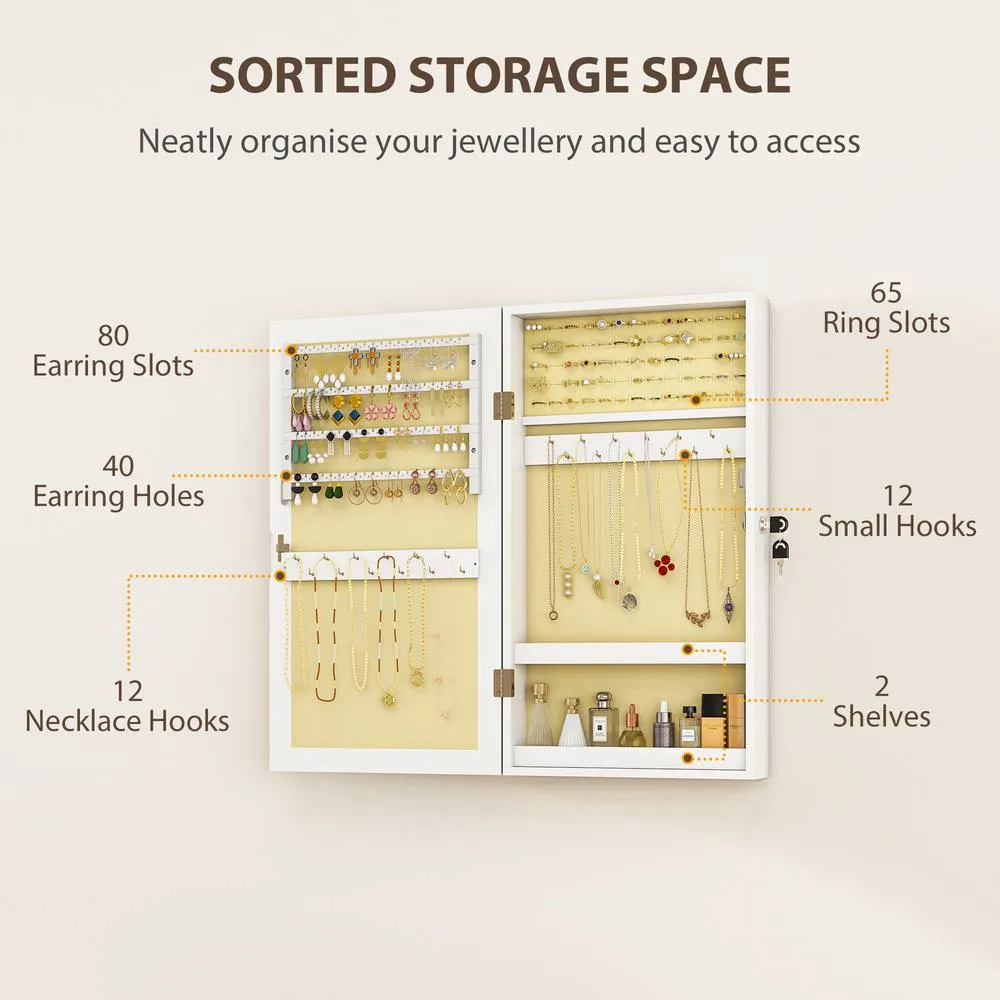 HOMCOM Jewelry Cabinet, Wall-Mounted Storage Cabinet with Mirror in White 5