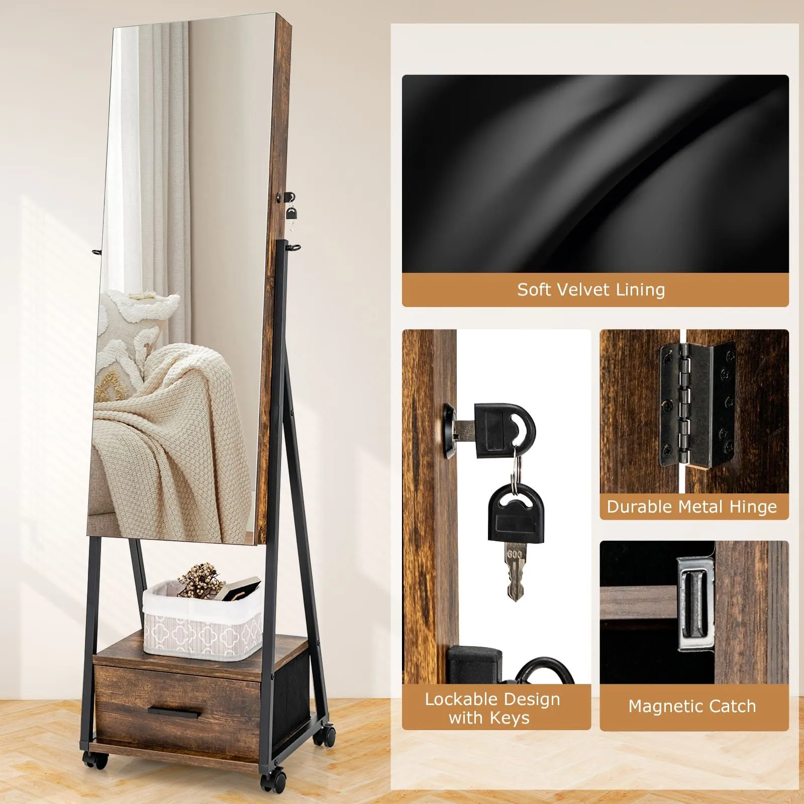 Costway Mobile Mirror Jewelry Cabinet Standing Makeup Organizer Jewelry Armoire w/ Lockable Door in Brown 3