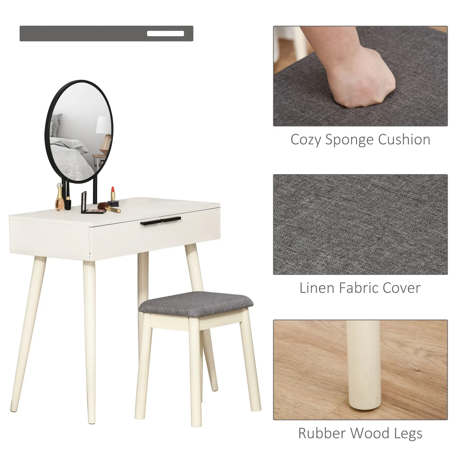 HOMCOM Vanity Table Set Dressing Desk Cushioned Stool Drawer Makeup Table in White 5