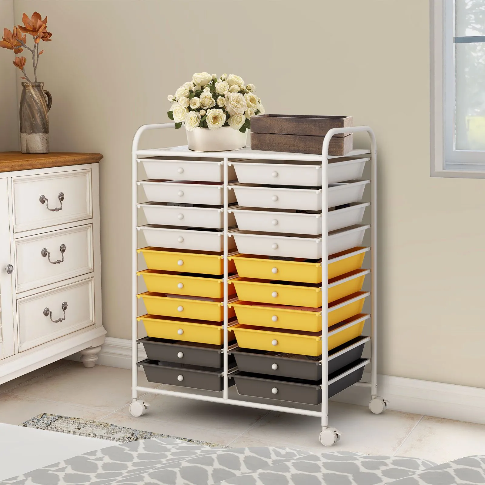 Costway 20 Drawers Storage Rolling Cart Home Office Mobile Utility Trolley Organizer in Yellow 3