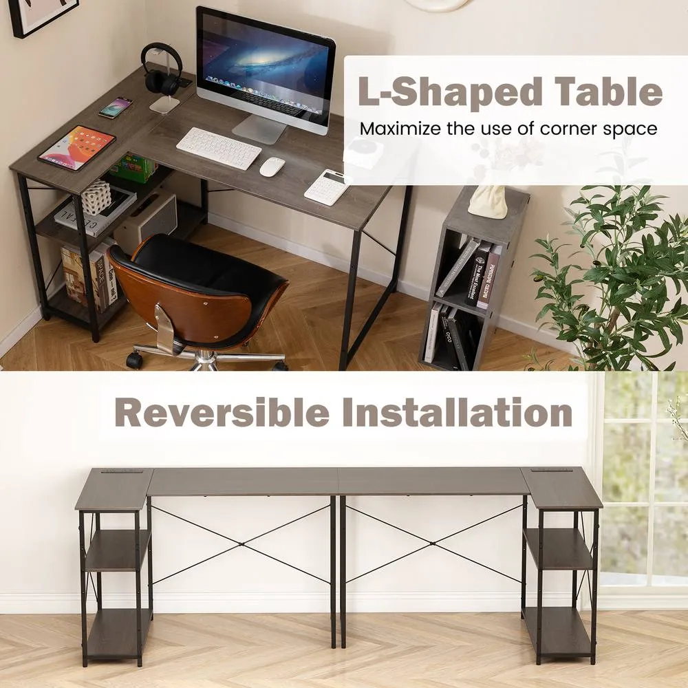 Costway L-shaped Computer Desk w/Power Outlet Workstation w/Reversible Shelves in Grey 6