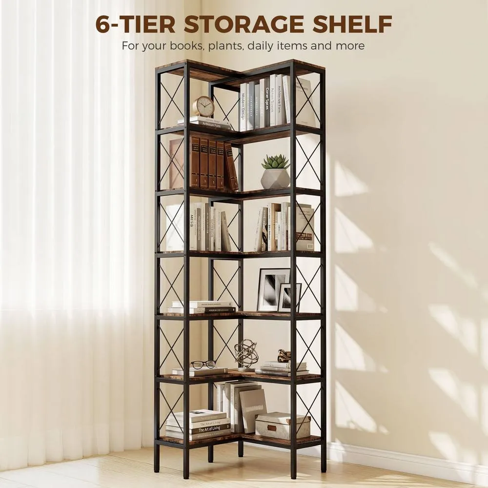HOMCOM L-Shaped Bookshelf, 6-Tier Bookcase with Metal Frame, Rustic Brown 6