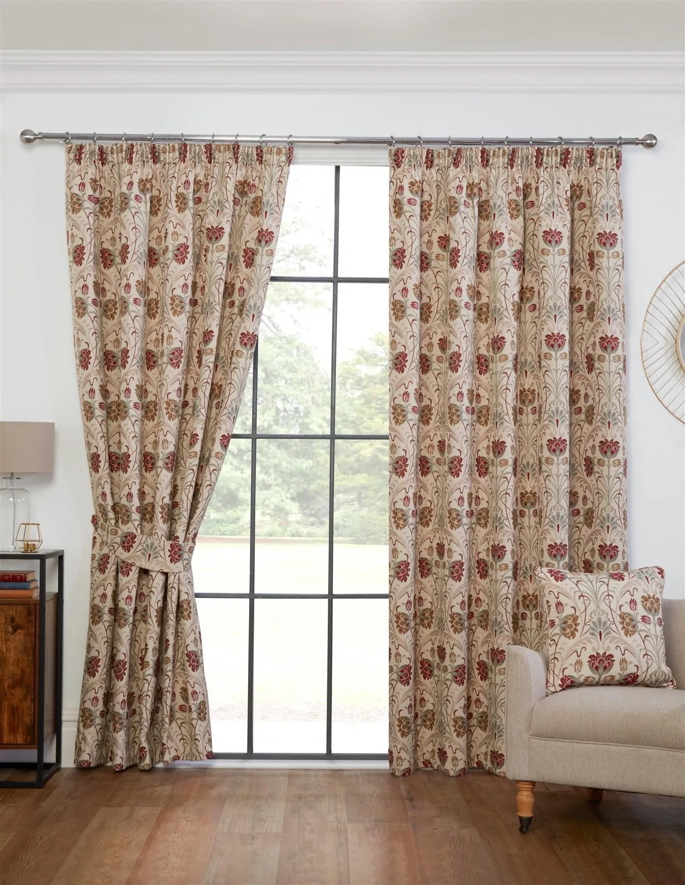 Sundour Aylesbury Floral Pencil Pleat Curtains in Beige