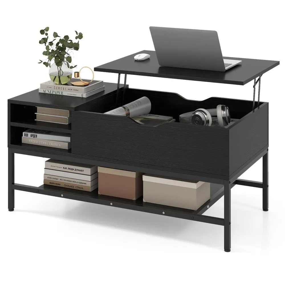 Costway Lift Top Coffee Table Living Room Table w/ Storage Shelf-Black in Black 5