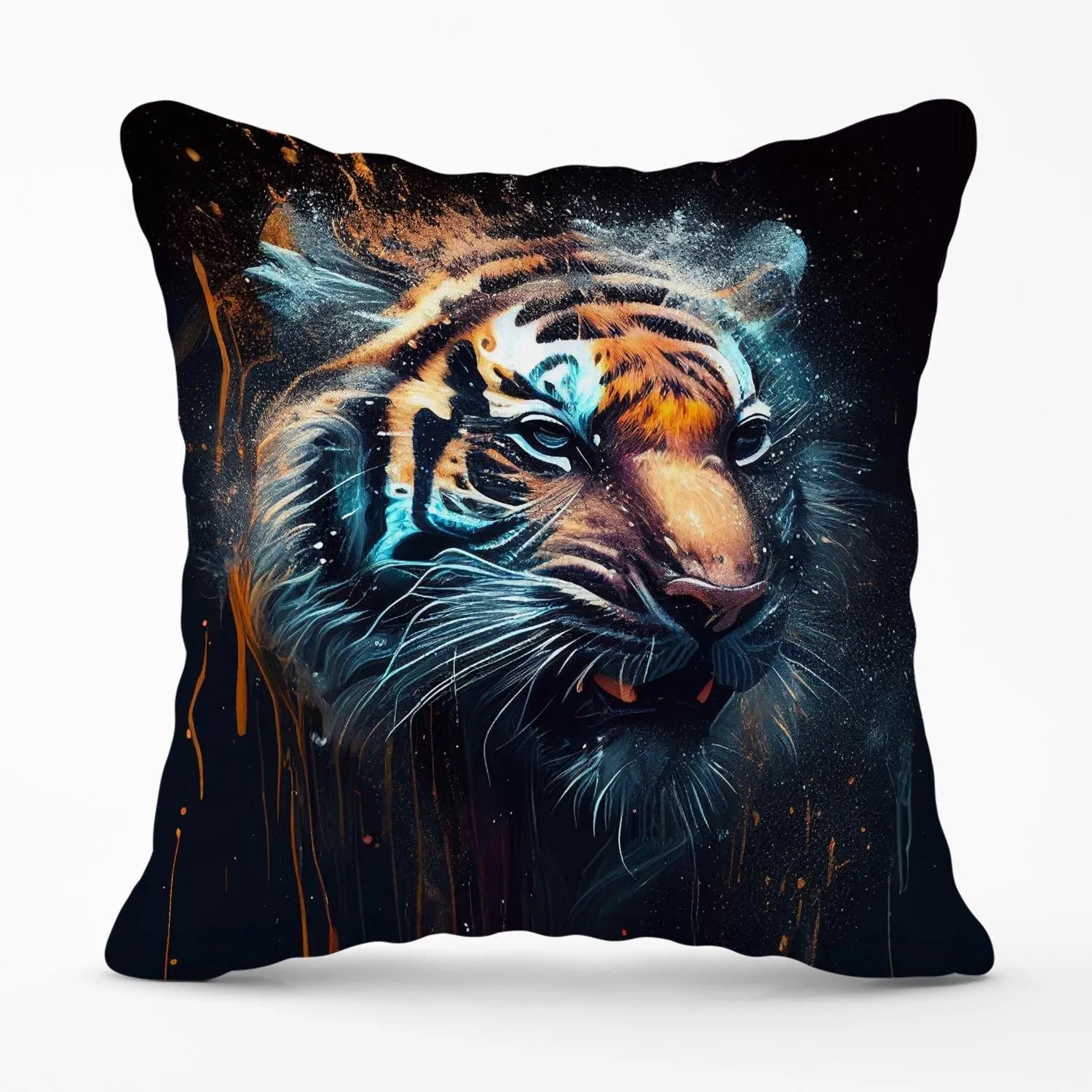 Warren Reed - Designer Tiger Face Splashart Dark Background Outdoor Cushion in Brown