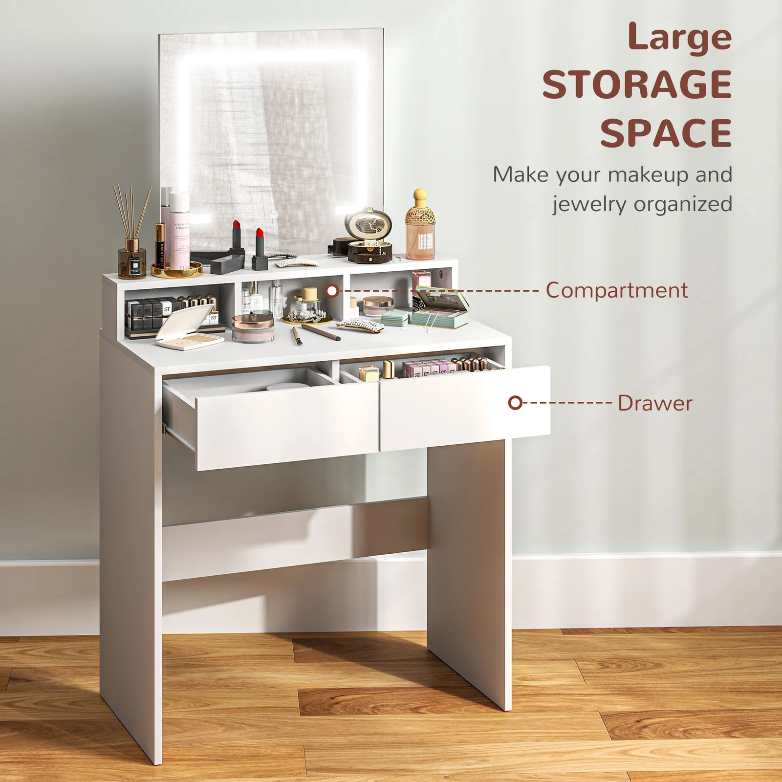 HOMCOM Dressing Table with Mirror, LED Lights, Drawers, for Bedroom, White 6