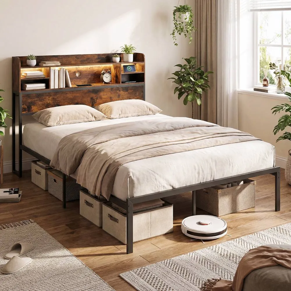 Costway King Size Bed Frame w/LED Lights&Charging Station Metal Platform Bed in Brown 4