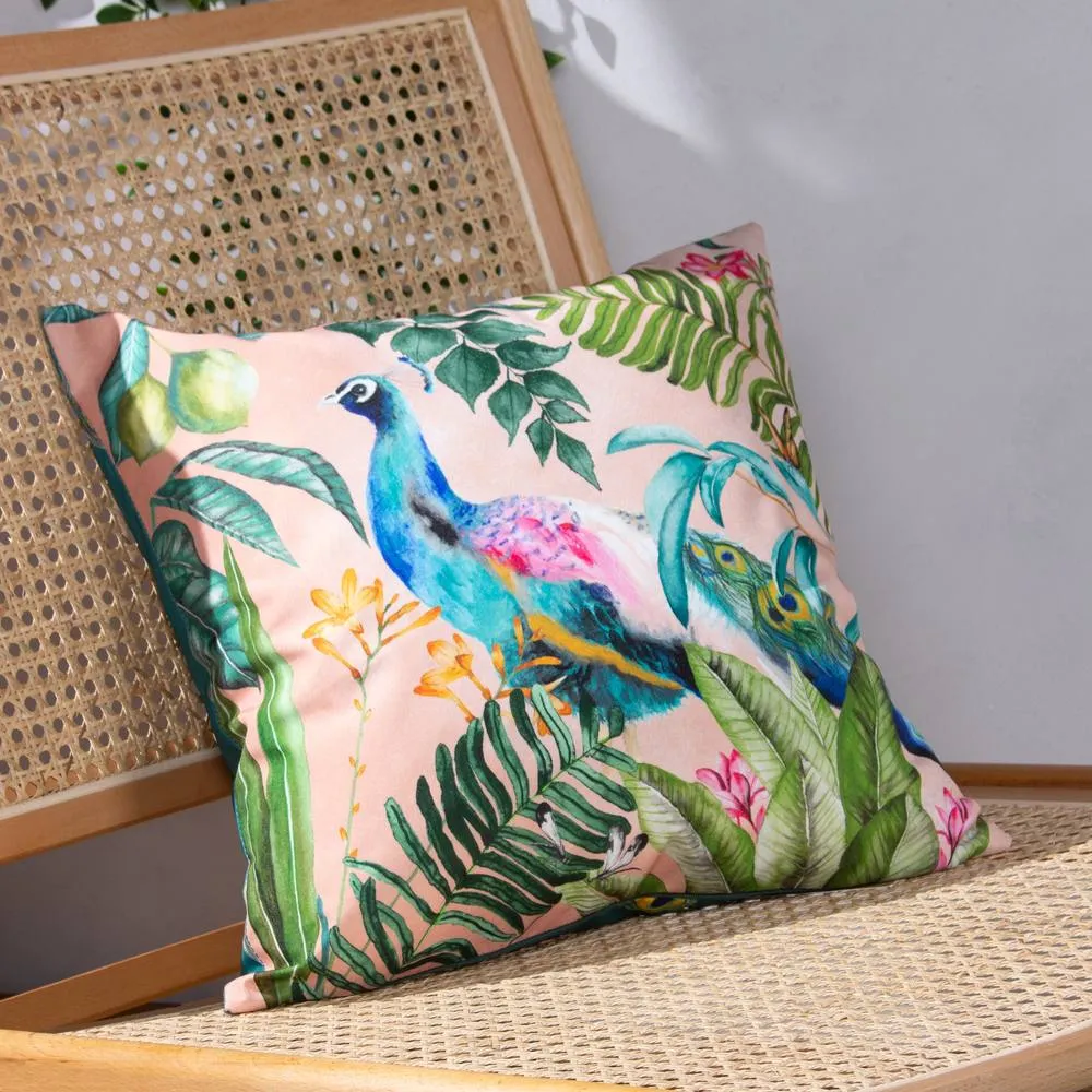 Evans Lichfield Peacock Animal Water & UV Resistant Outdoor Cushion in Light Pink