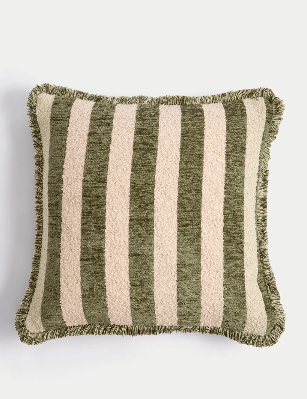 M&S Chenille Striped Fringed Cushion Green Mix