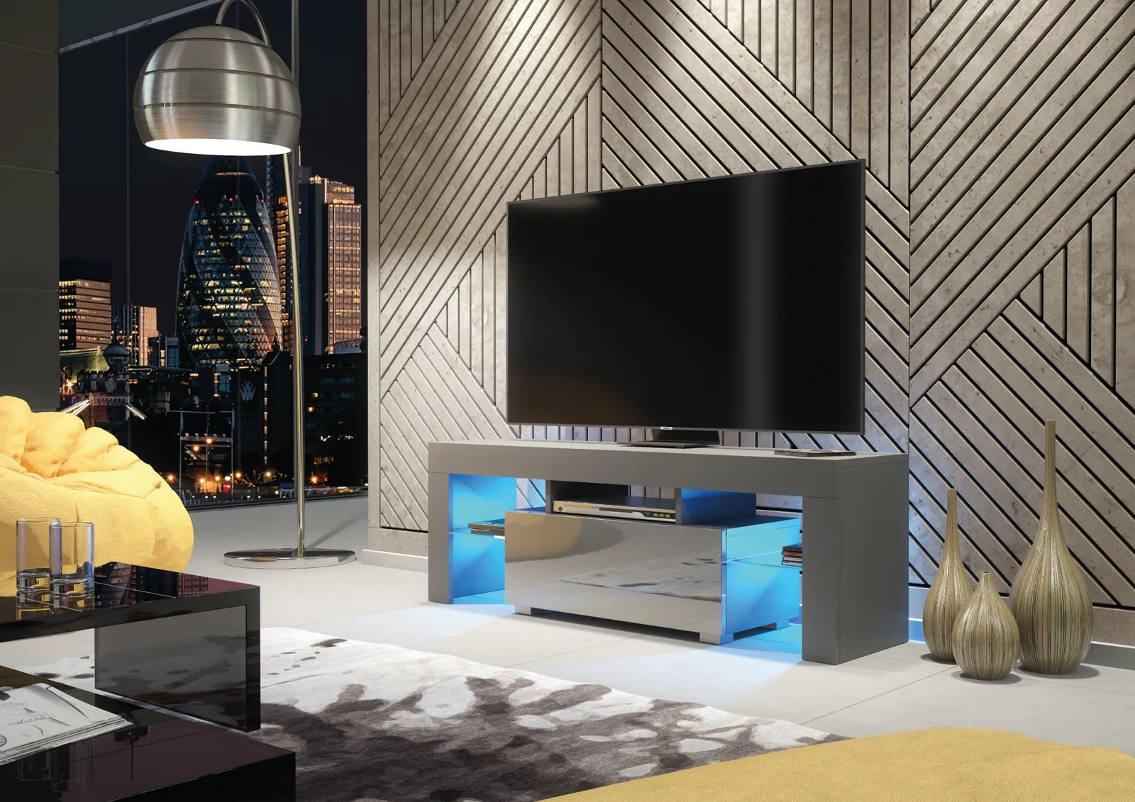 Creative Furniture Floe TV Unit 130cm - A Sleek & Elegant Cabinet with Gloss Doors & LED Lights in Dark Grey 2