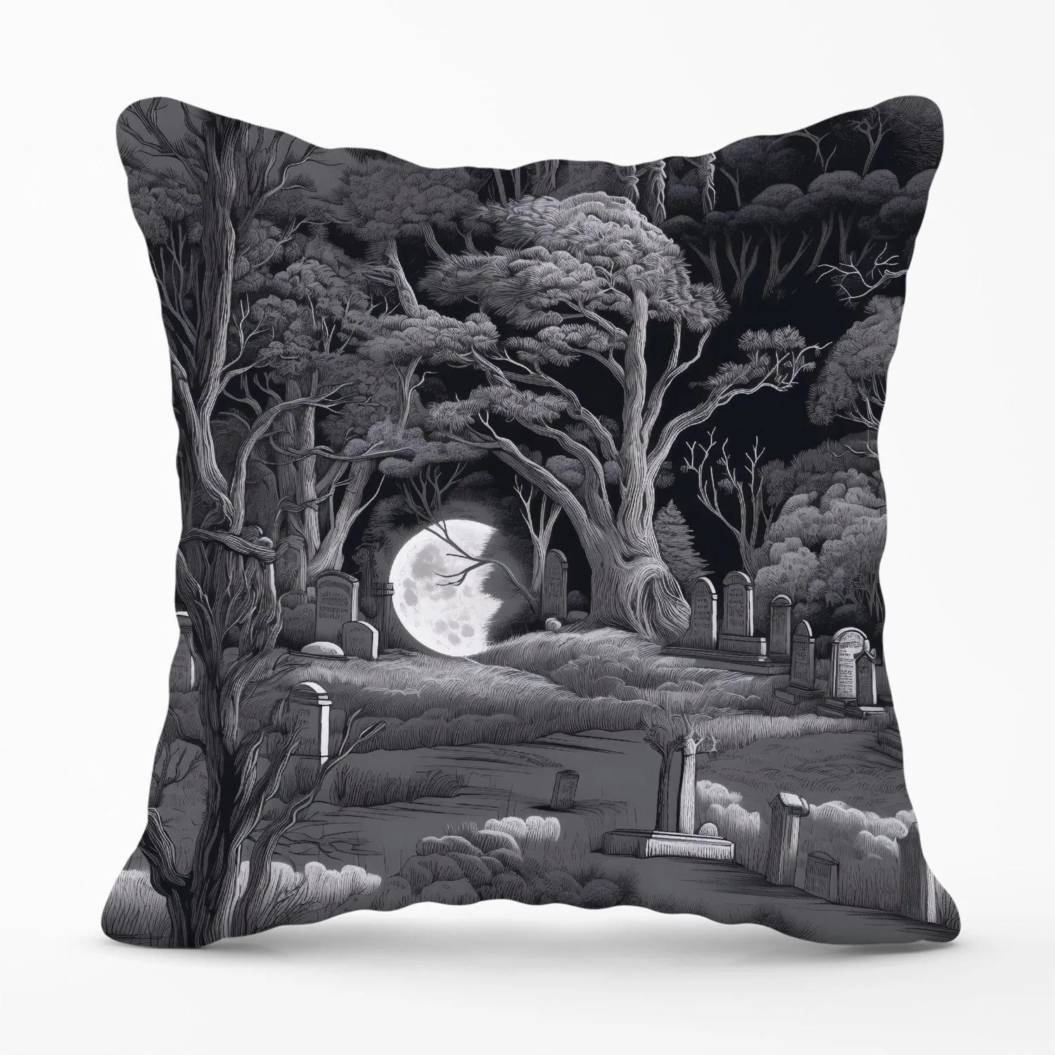 Warren Reed - Designer Eerie Moonlit Cemetery Outdoor Cushion in Grey