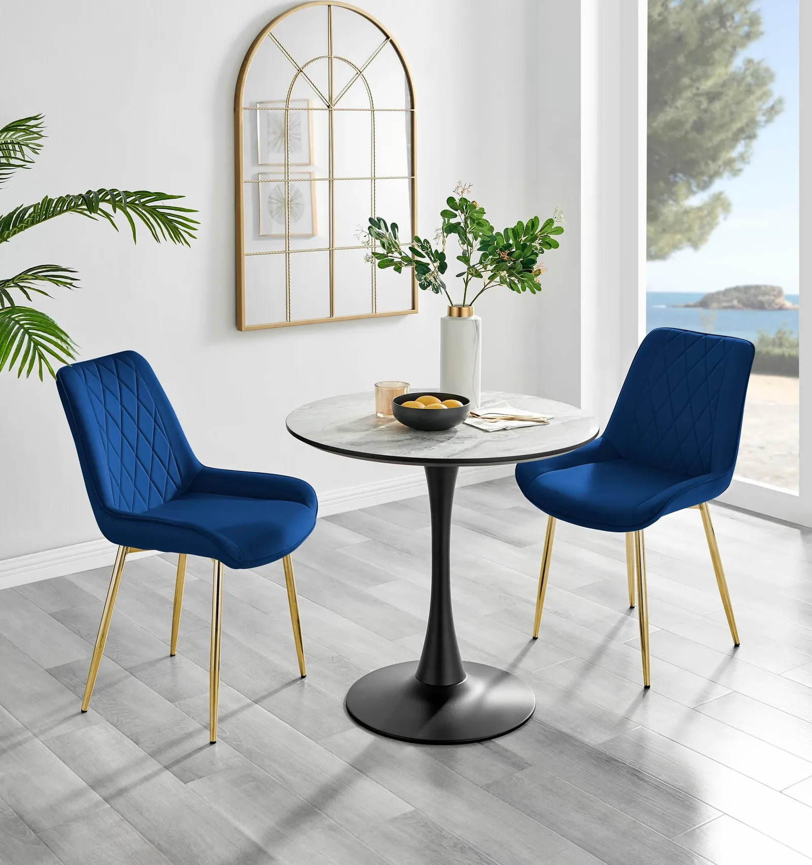 FurnitureboxUK Elina White Marble Effect Scratch Resistant Dining Table & 2 Pesaro Gold Leg Velvet Chairs in Navy 1