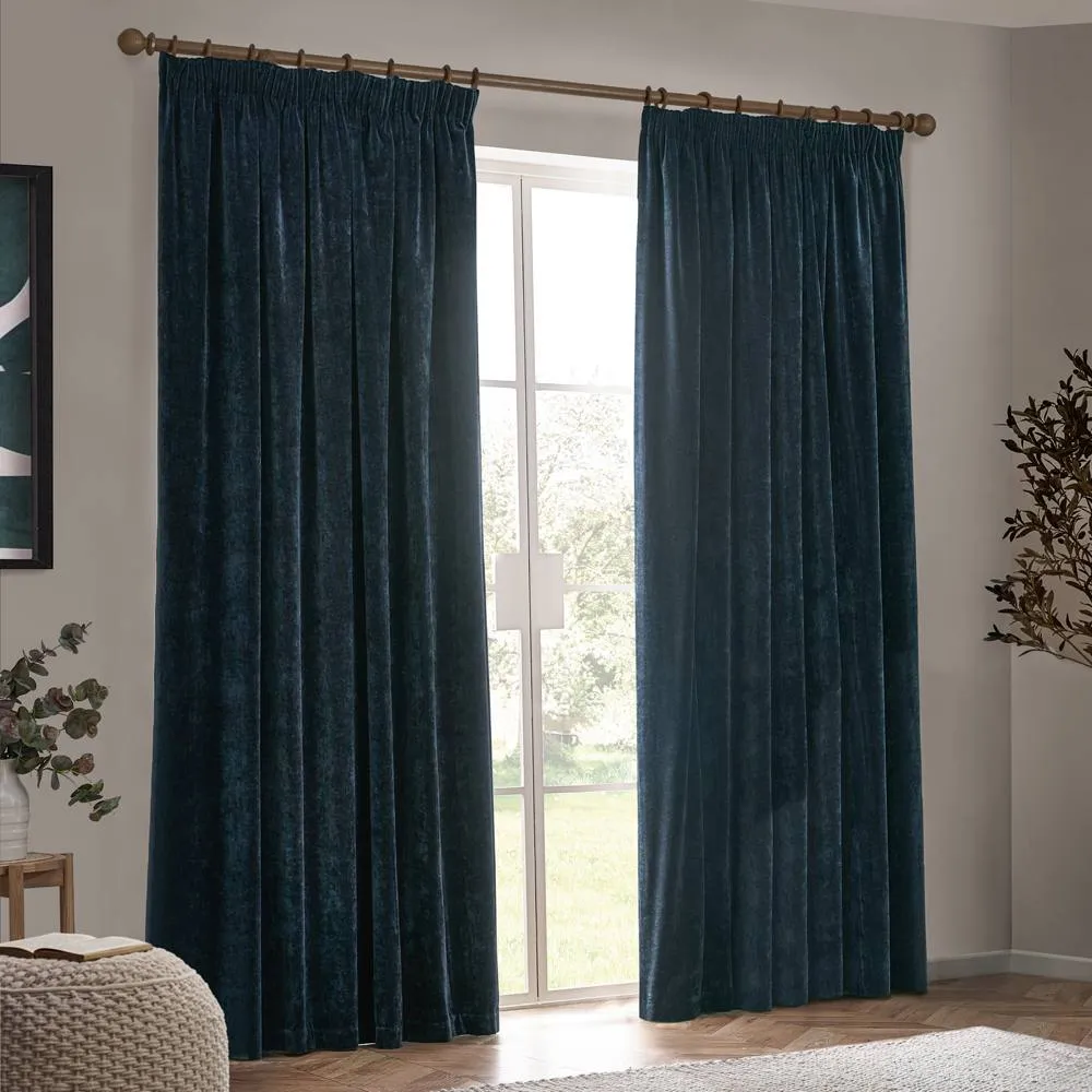 Yard Heavy Chenille Blackout Pencil Pleat Curtain Pair in Navy 5