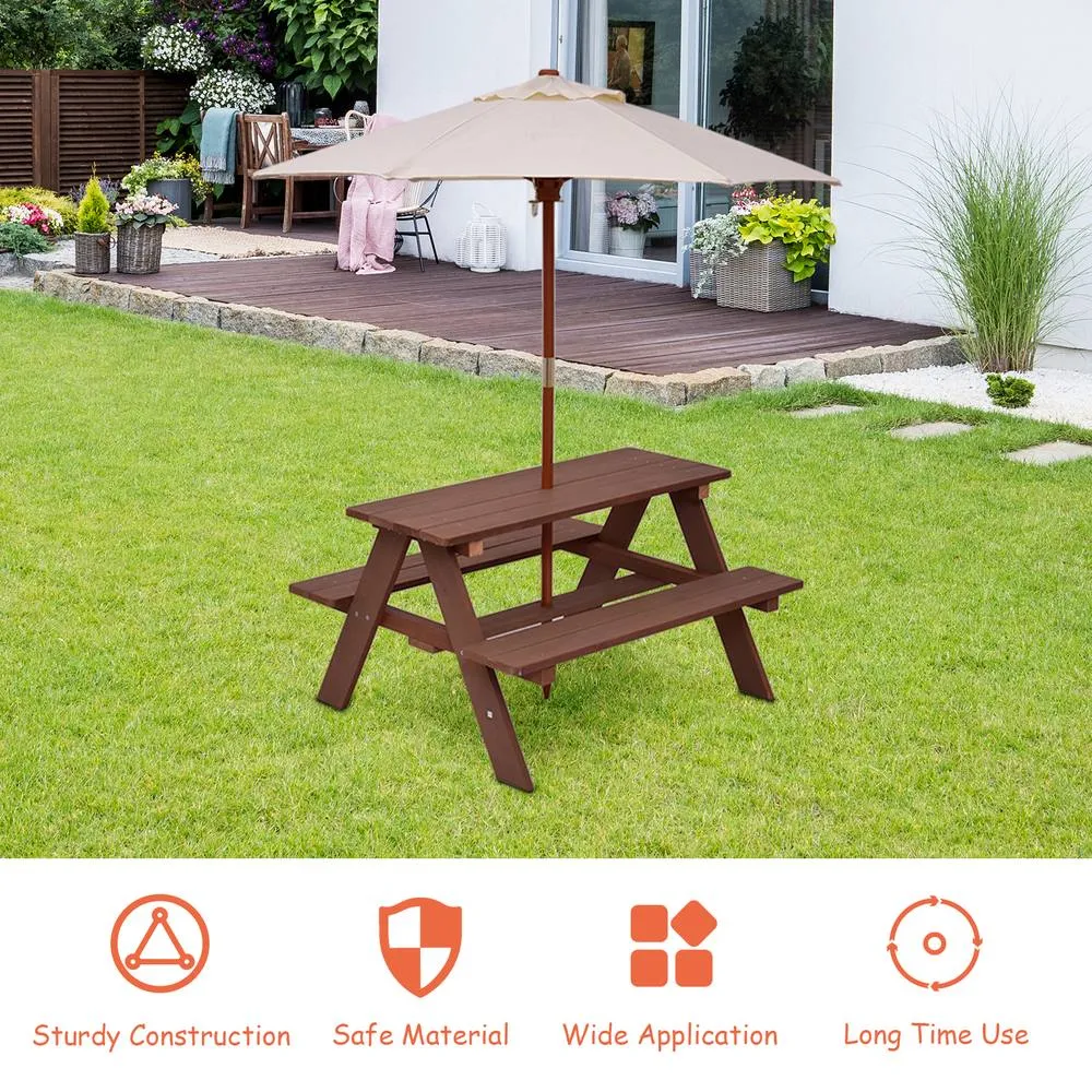 Costway 3 in 1 Picnic Table Outdoor Activity Table w/ Removable Umbrella in Brown 4