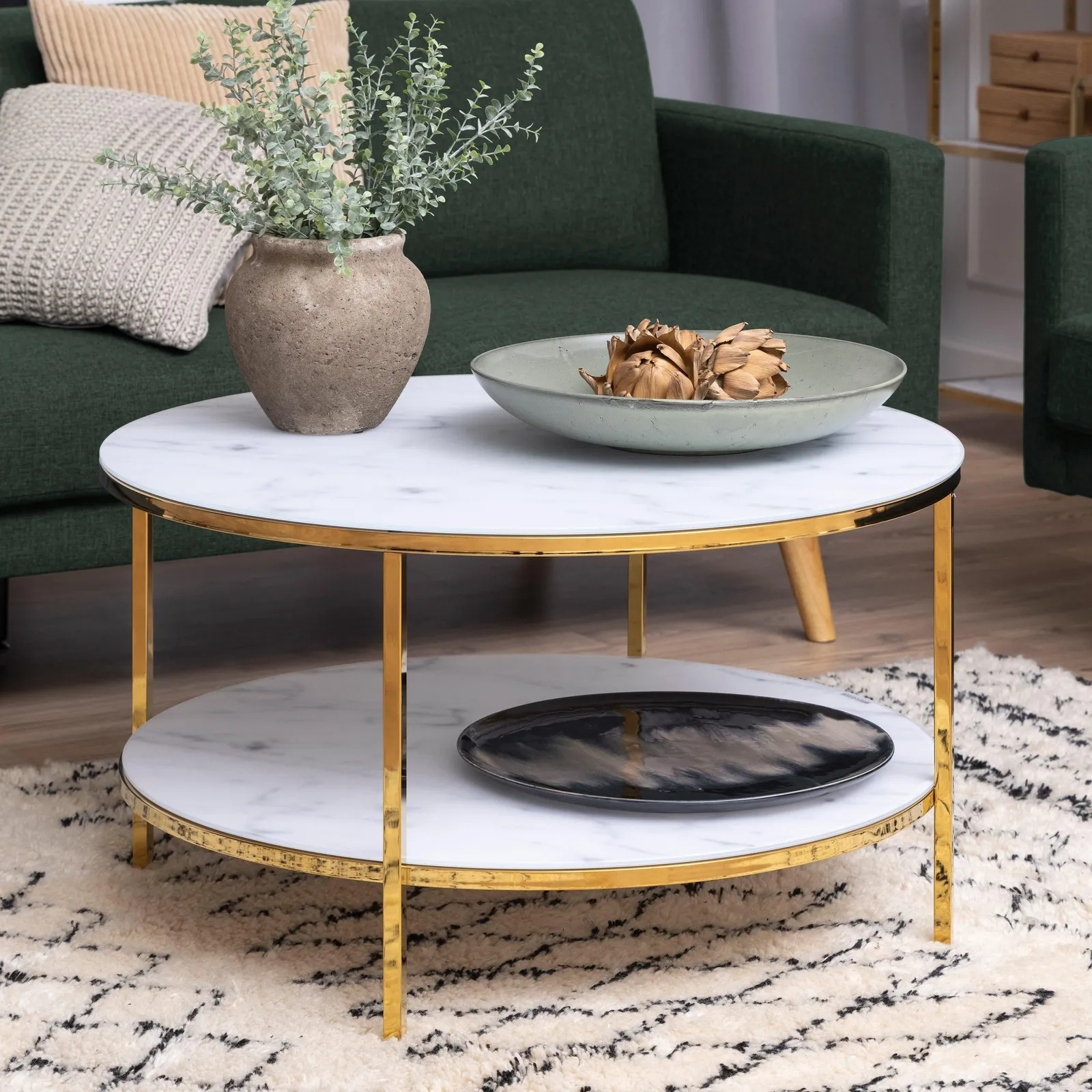 Furniture To Go Alisma Round Coffee Table with White Crystal Clear Marble Glass Top & Gold Legs 4