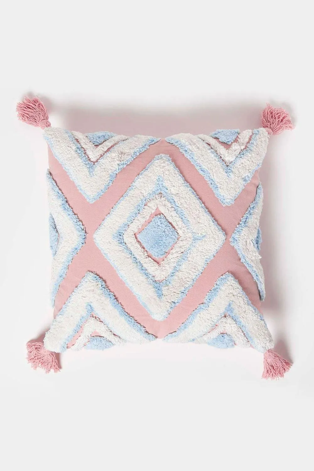 Homescapes Geometric Ikat Tufted Cotton Cushion with Tassels in Blue 1