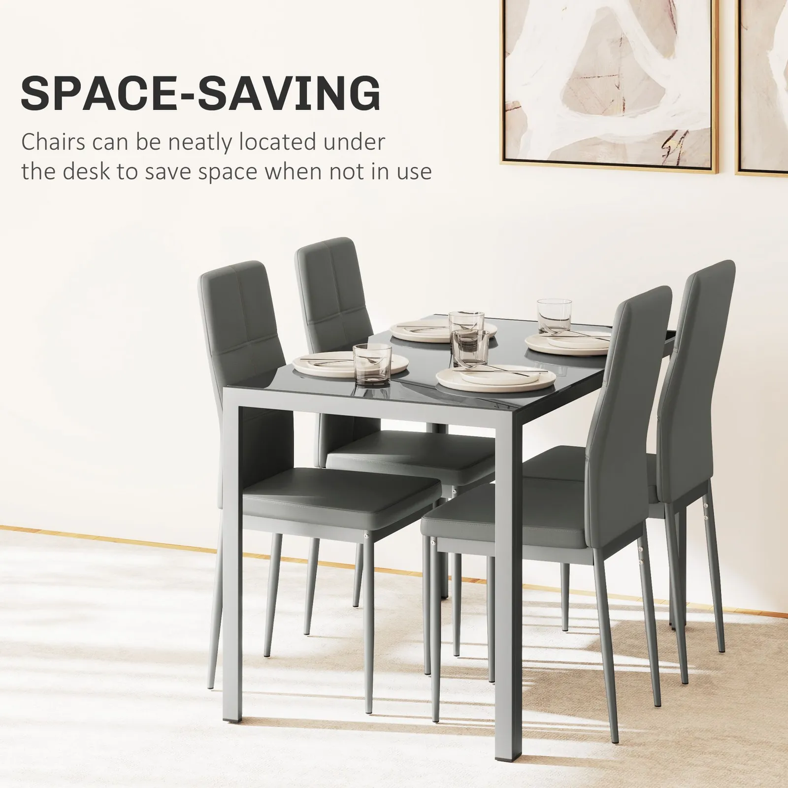 HOMCOM 5 Piece Kitchen Dining Set Glass Top Table 4 PU Leather Chairs Dinette in Grey 4