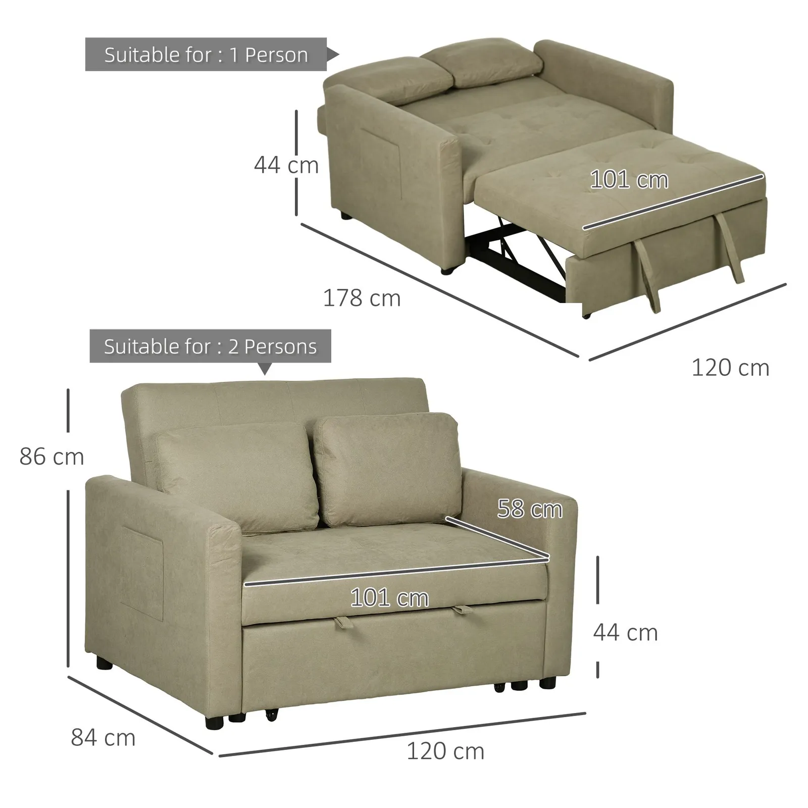 HOMCOM 2 Seater Sofa Bed Convertible Bed Settee with Cushions, Pockets in Brown 3