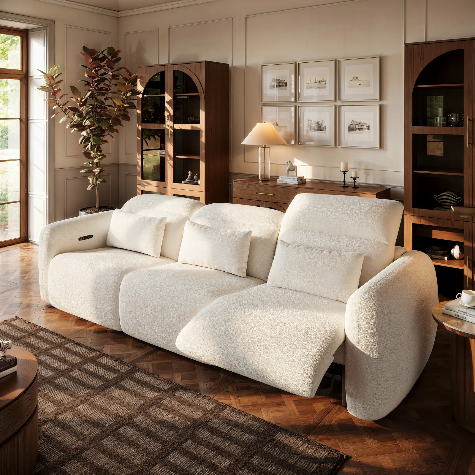312cm 3-Seater Chenille Zero Gravity Power Reclining Sofa with Pillows & USB Port