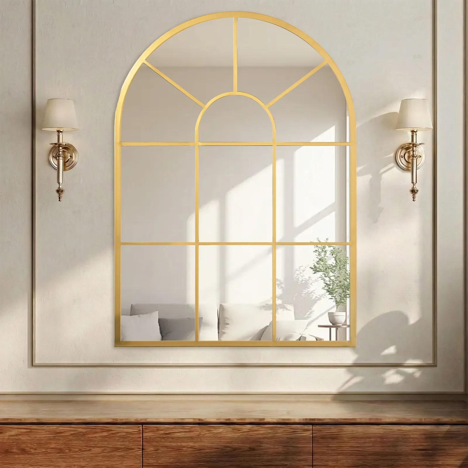 HOMCOM Modern Arched Window Wall Mirror for Bedroom, 91x60cm, Gold Tone 2