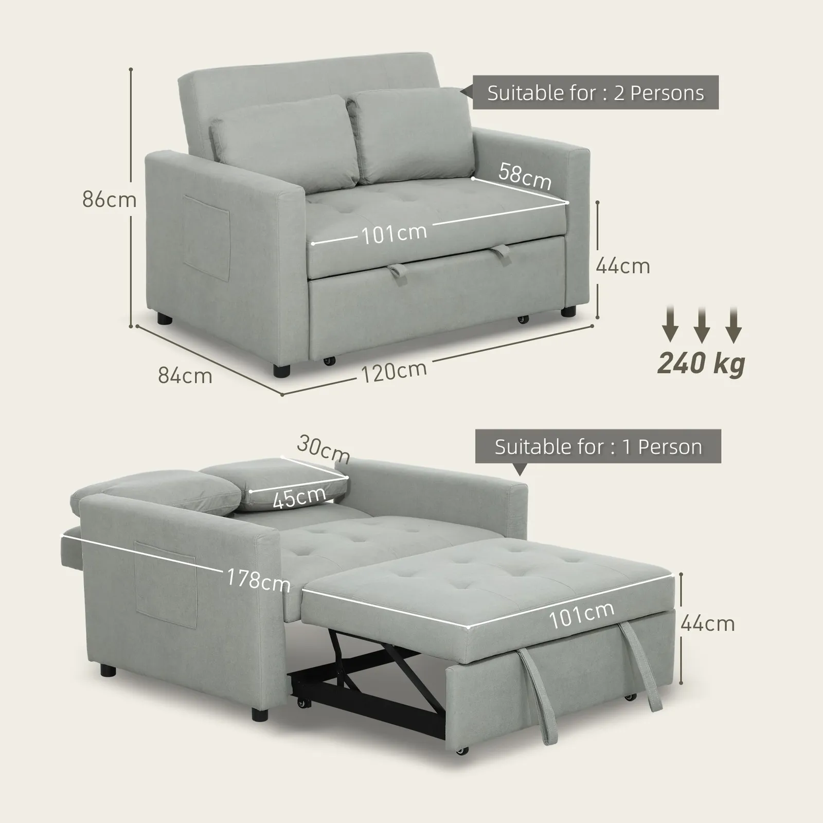 HOMCOM 2 Seater Sofa Bed Convertible Bed Settee with Pillows, Light Grey 3