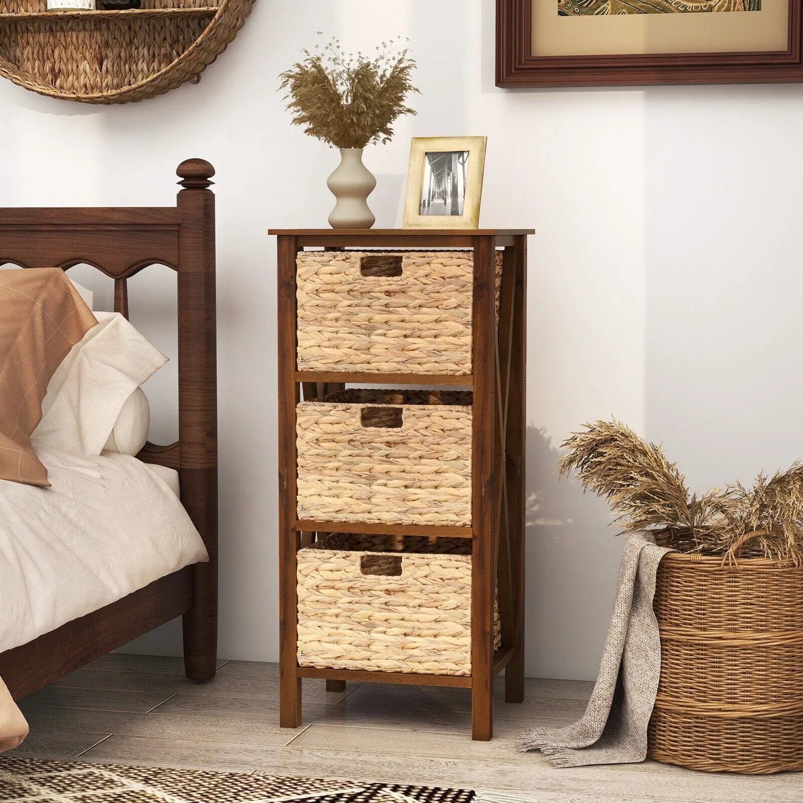 Costway Set of 2 Nightstand 3-Tier Sofa Side Table X-Shaped 3-Drawer End Table in Brown 5