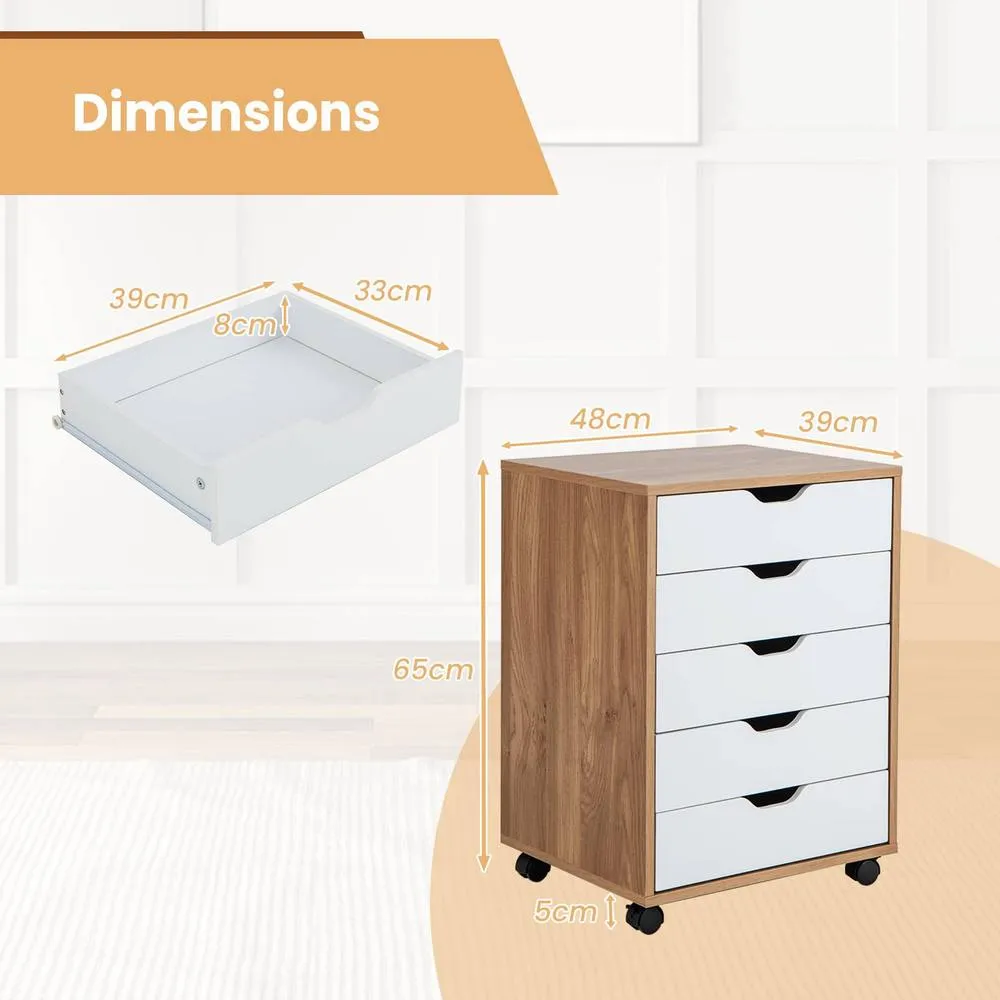 Costway 5 Drawer Rolling Storage Cabinet Mobile Chest of Drawers Wooden Dresser Organizer Coffee in Natural 2