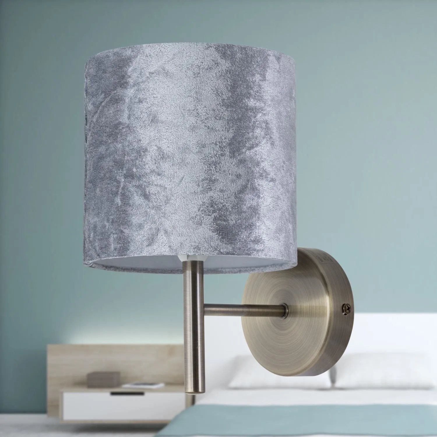 First Choice Lighting Brea - Antique Brass Wall Light with Grey Crushed Velvet Shade in Gold 4