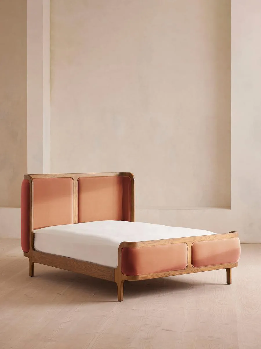 Belsa Bed, Light Oak, King, Velvet, Antique Rose