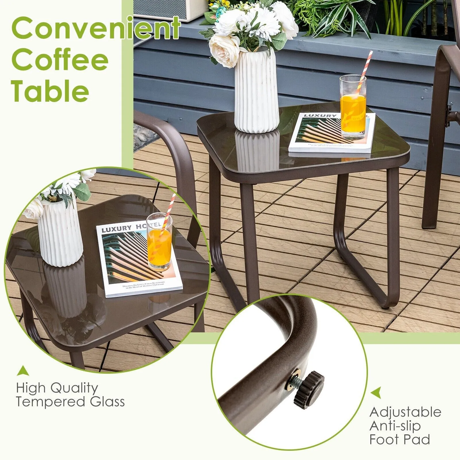 Costway 3-Piece Patio Bistro Furniture Set Outdoor Coffee Table Stackable Chairs Set in Brown 6