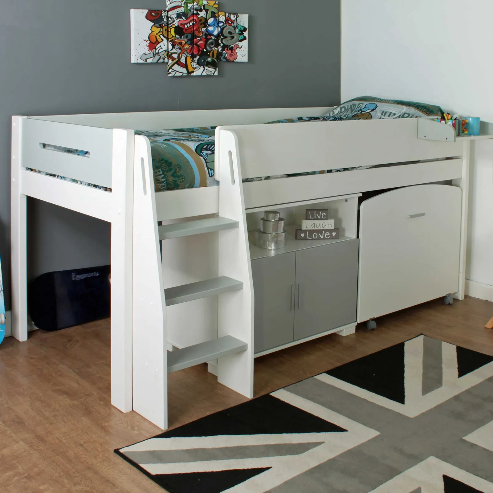 Urban Grey Childrens Midsleeper Bed with pull out Desk and Cupboard