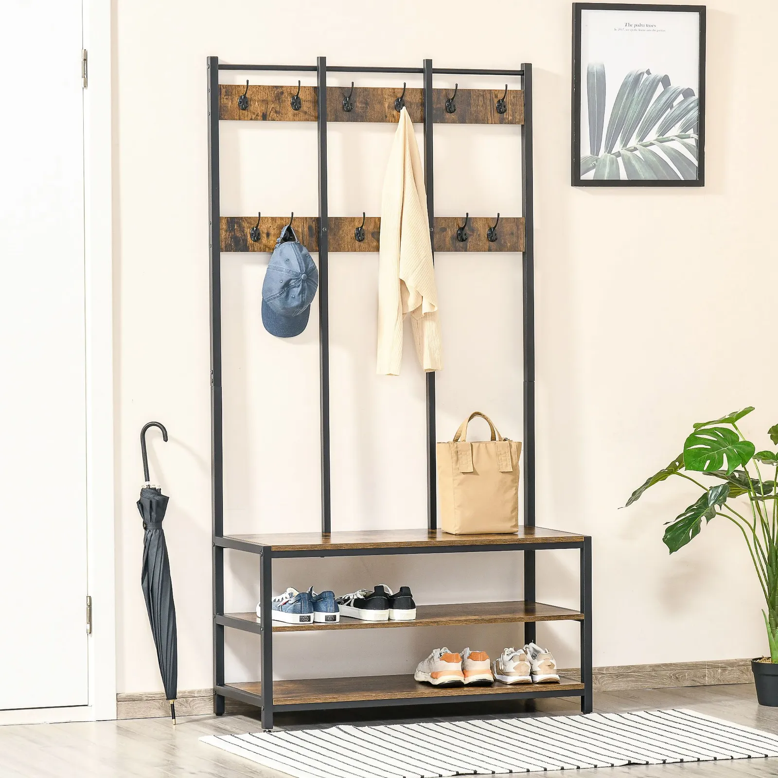 HOMCOM Industrial Coat Rack Shoe Bench Hall Tree Entryway Clothes Storage in Brown