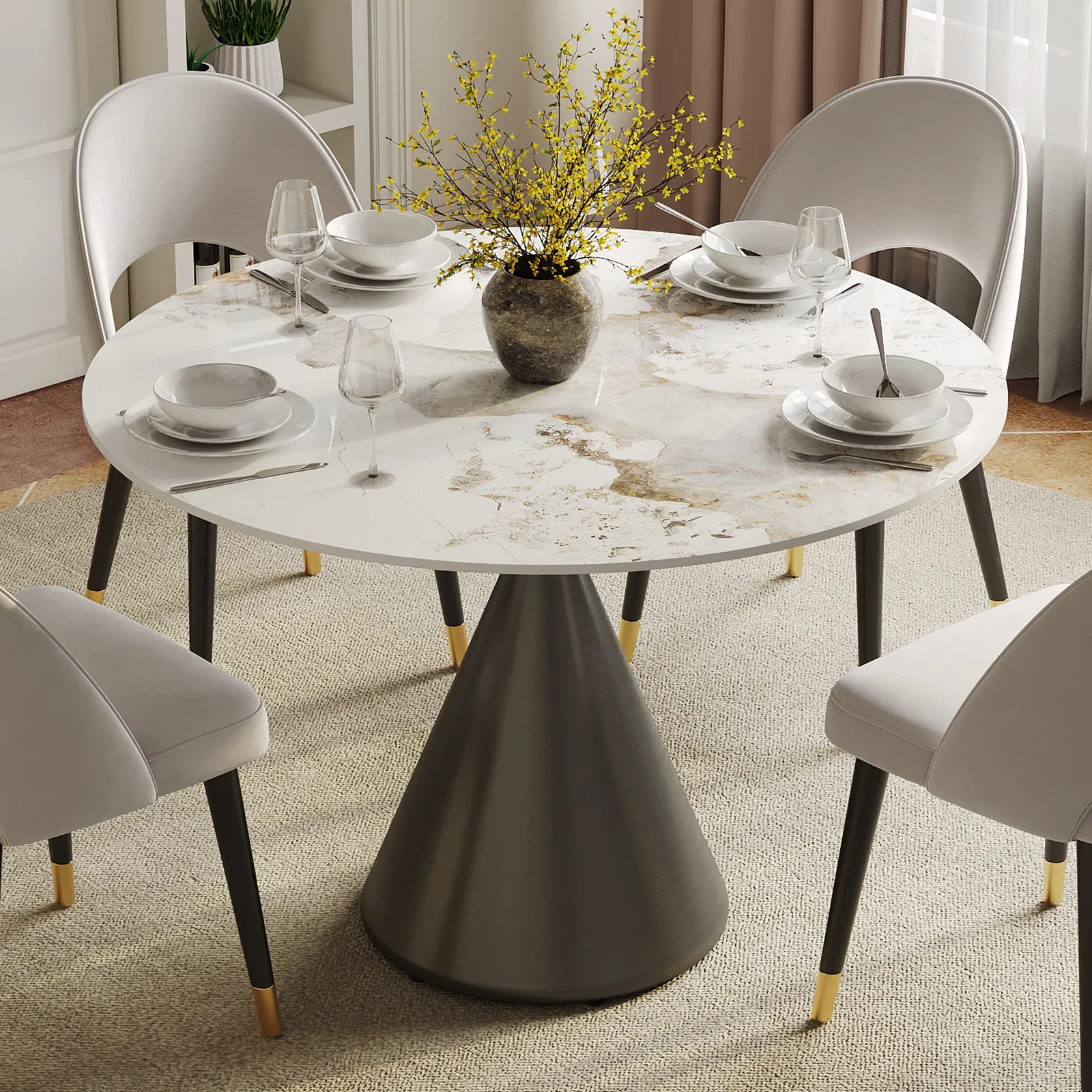 1000mm Sintered Stone Round Dining Table with Brushed Black Base Seats 2-4 People