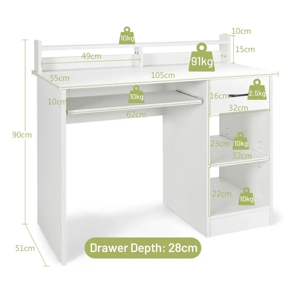 Costway Wooden Computer Desk W/ Keyboard Tray Home Office Writing Desk Vanity Dressing Table in White 2