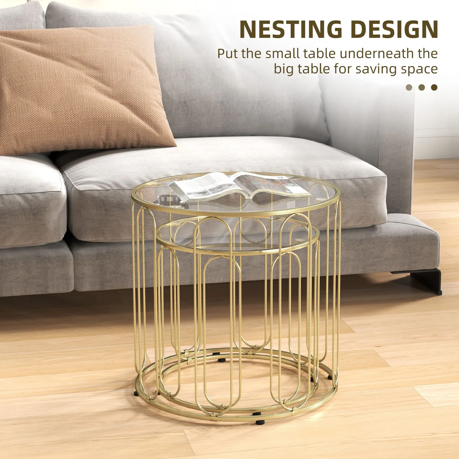HOMCOM Coffee Table Set of 2, Nest of Tables with Metal Frame, Gold Tone 4