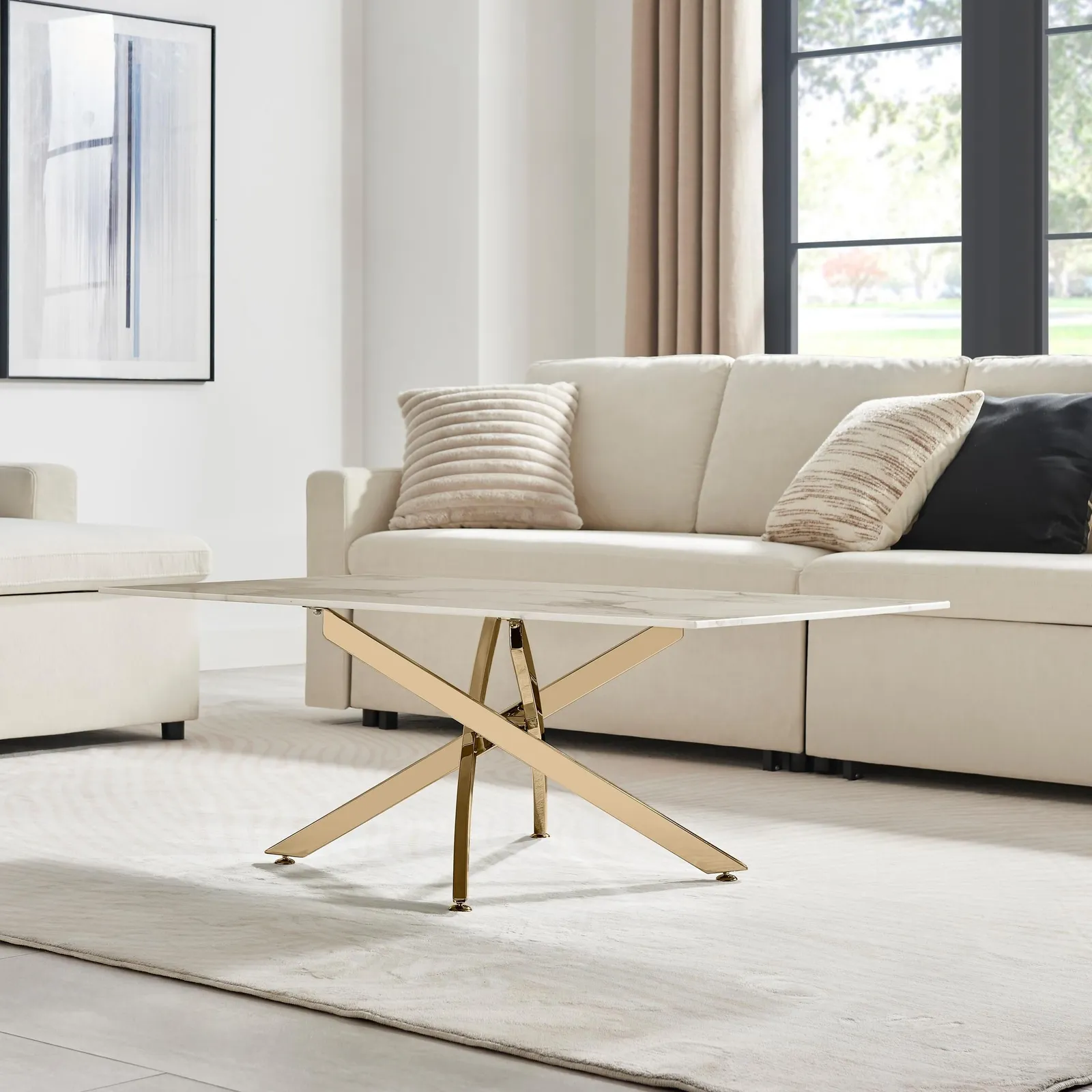 FurnitureboxUK Leonardo Rectangular Marble Effect Glass Top Coffee Table With Gold Metal Starburst Legs in White 3