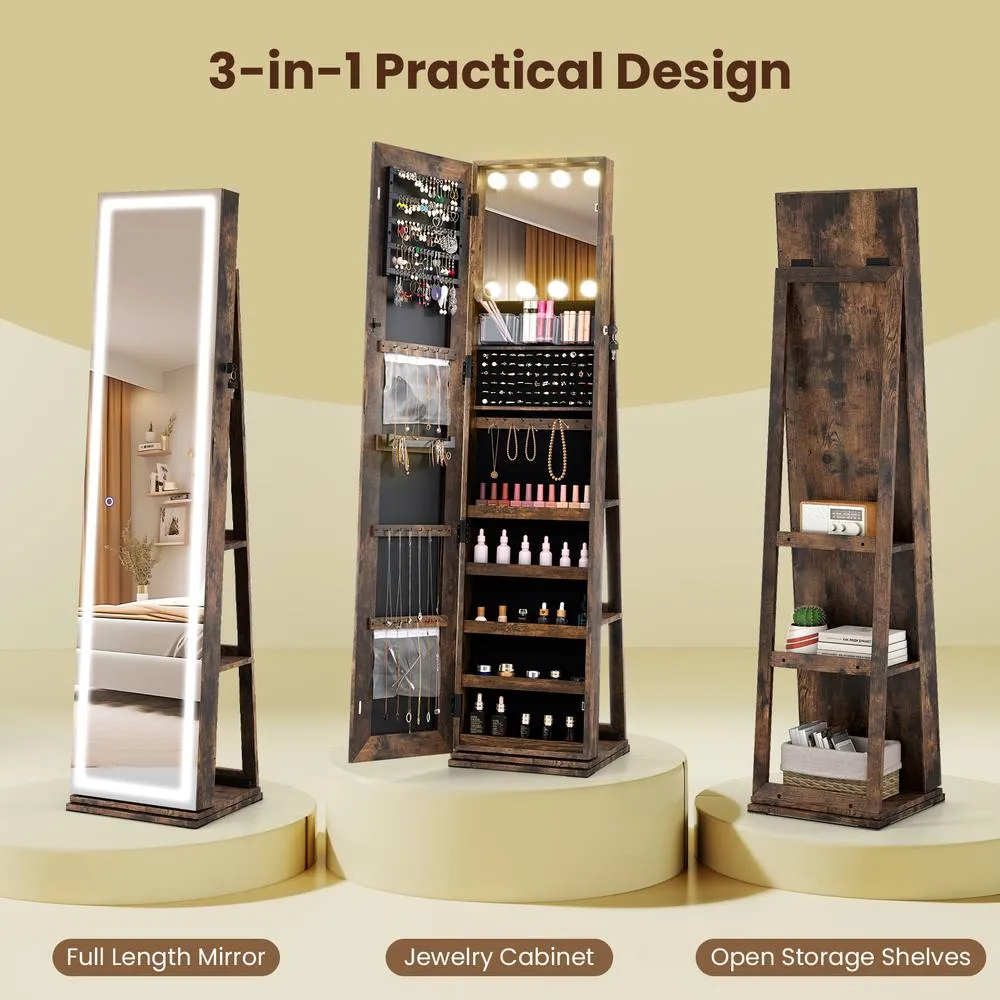 Costway 360° Swivel Jewelry Cabinet Freestanding Jewelry Storage Organizer in Brown 5
