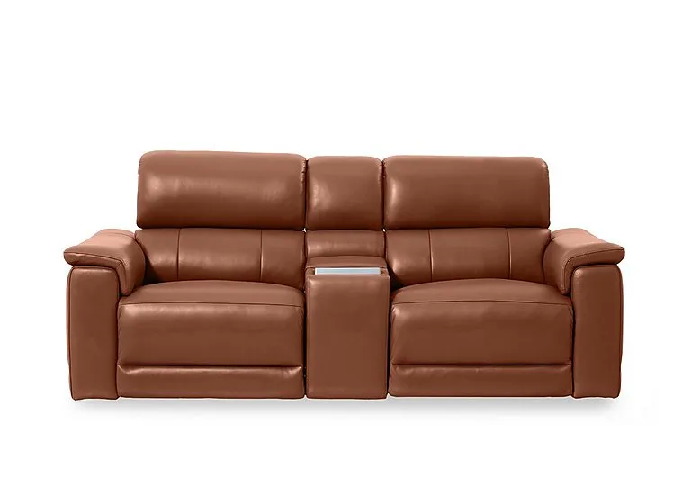 Genius Leather 2 Seater Power Recliner Media Sofa with Power Headrest, Power Lumbar and Heated Seats - Montana Butterscotch