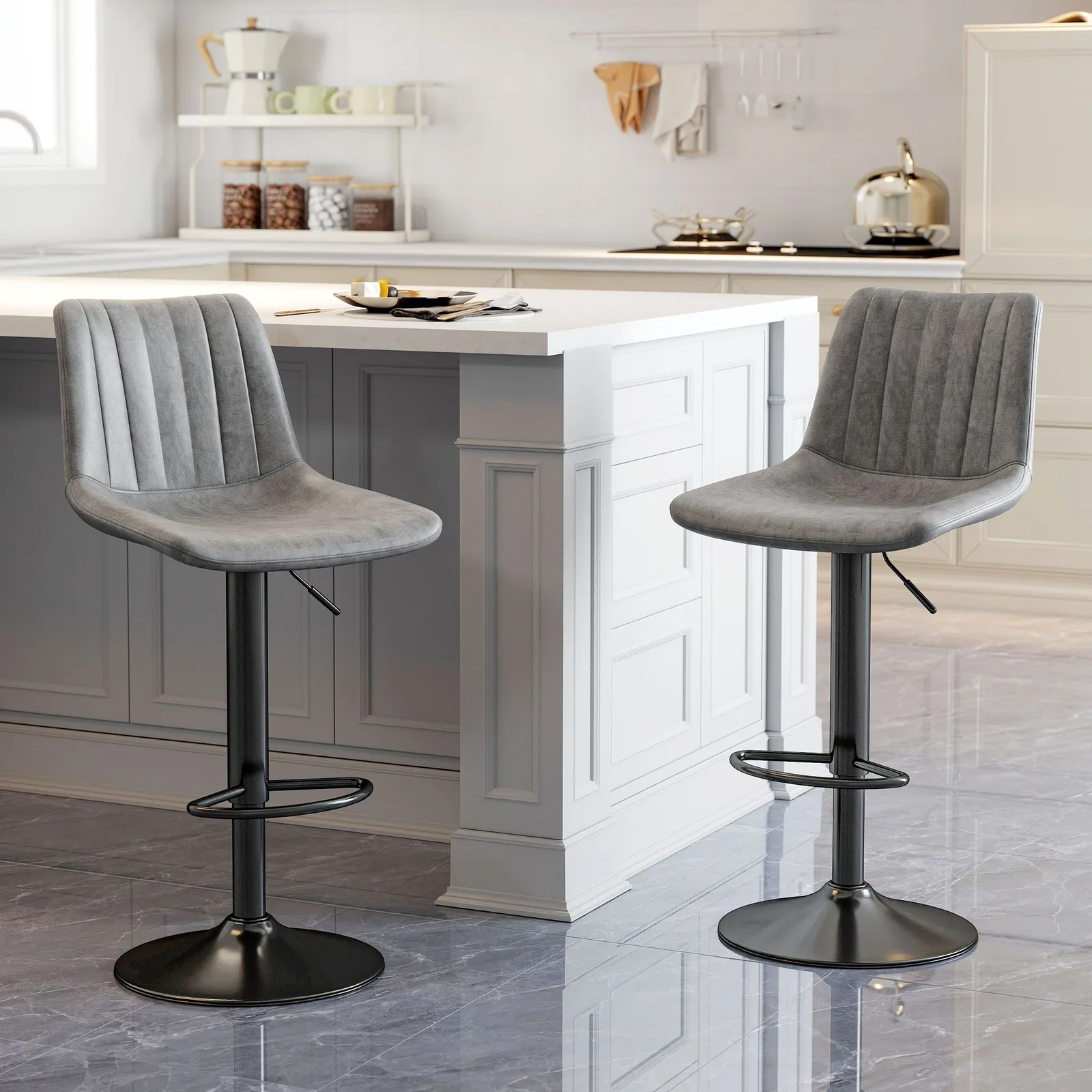HOMCOM Of 2 Leathaire Tub Bar Stools w/ Metal Frame Footrest Home Seat in Grey